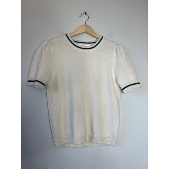 NEW FRAME Short Sleeves Gathered Striped Cashmere Sweater Cream Size: Small - Picture 2 of 7